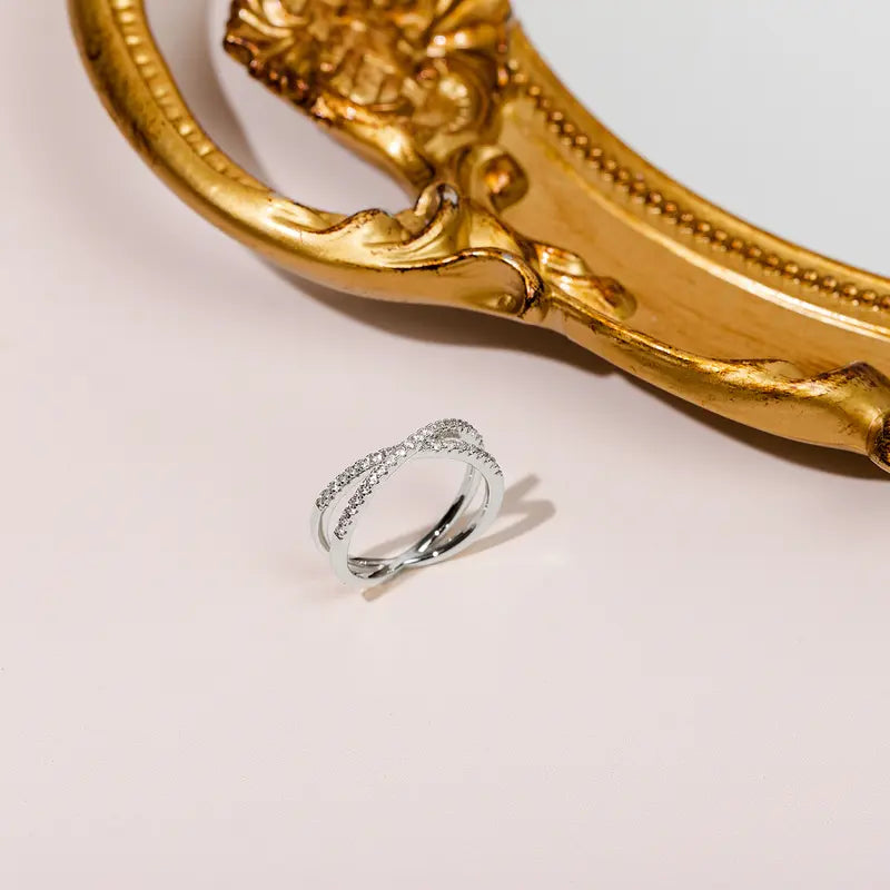 14K Gold Plated Women's X Ring Simulated Diamond CZ Criss Cross Ring