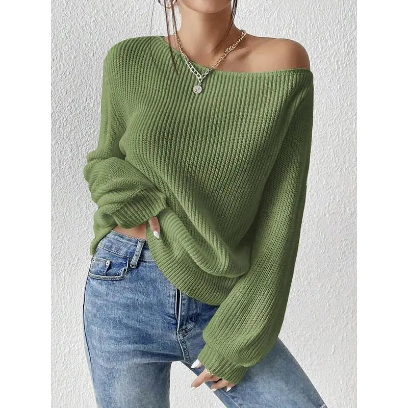 Women's Solid Drop Shoulder Asymmetrical Neckline Knit Top, Casual Long Sleeve Jumper for Fall & Winter, Women's Sweater for Daily Wear, Knitwear
