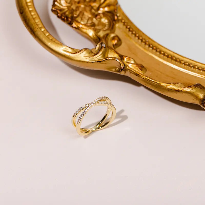14K Gold Plated Women's X Ring Simulated Diamond CZ Criss Cross Ring