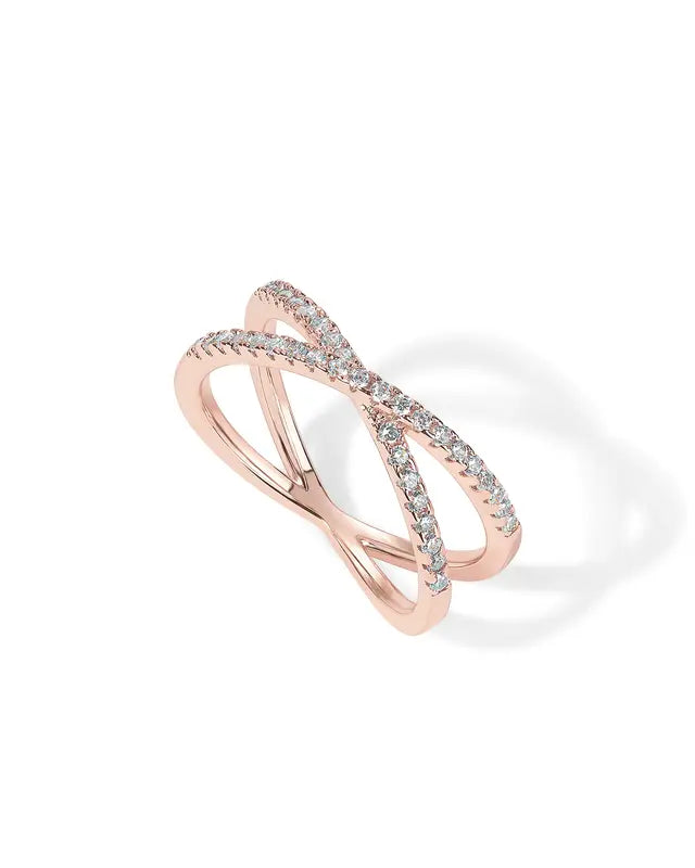 14K Gold Plated Women's X Ring Simulated Diamond CZ Criss Cross Ring