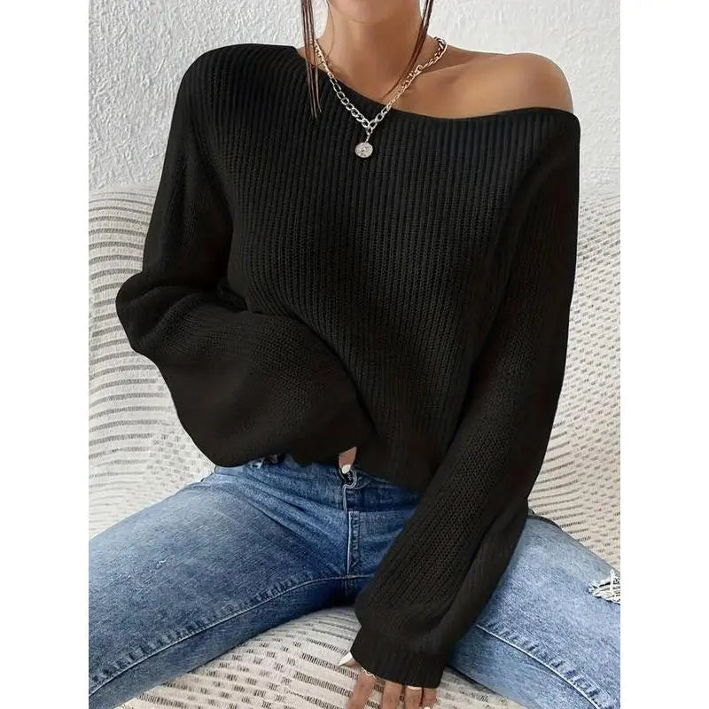 Women's Solid Drop Shoulder Asymmetrical Neckline Knit Top, Casual Long Sleeve Jumper for Fall & Winter, Women's Sweater for Daily Wear, Knitwear