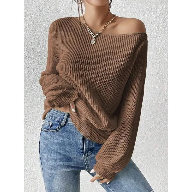 Women's Solid Drop Shoulder Asymmetrical Neckline Knit Top, Casual Long Sleeve Jumper for Fall & Winter, Women's Sweater for Daily Wear, Knitwear