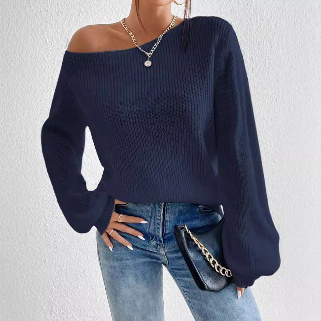 Women's Solid Drop Shoulder Asymmetrical Neckline Knit Top, Casual Long Sleeve Jumper for Fall & Winter, Women's Sweater for Daily Wear, Knitwear