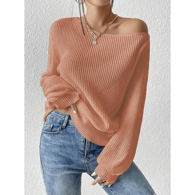 Women's Solid Drop Shoulder Asymmetrical Neckline Knit Top, Casual Long Sleeve Jumper for Fall & Winter, Women's Sweater for Daily Wear, Knitwear