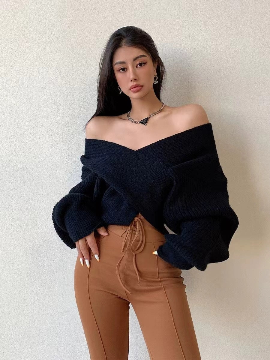 Women’s Off-Shoulder Cross Sweater – Casual Loose-Fit Winter Top