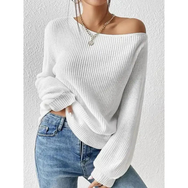 Women's Solid Drop Shoulder Asymmetrical Neckline Knit Top, Casual Long Sleeve Jumper for Fall & Winter, Women's Sweater for Daily Wear, Knitwear