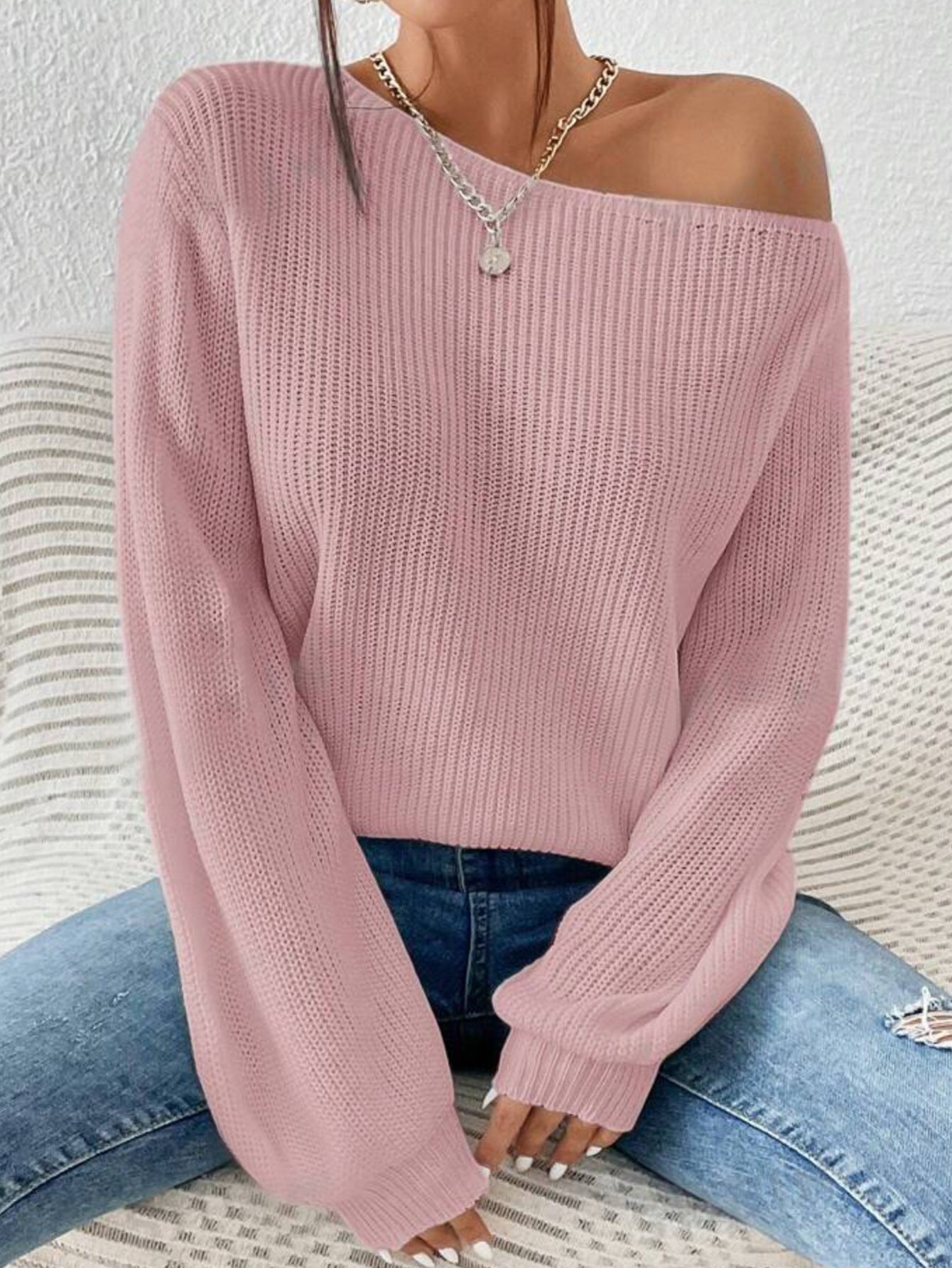 Women's Solid Drop Shoulder Asymmetrical Neckline Knit Top, Casual Long Sleeve Jumper for Fall & Winter, Women's Sweater for Daily Wear, Knitwear