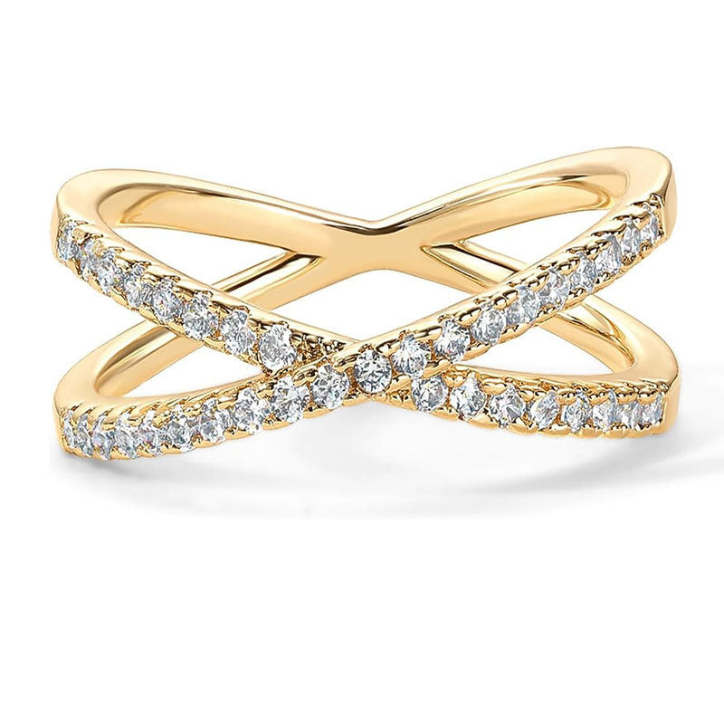 14K Gold Plated Women's X Ring Simulated Diamond CZ Criss Cross Ring