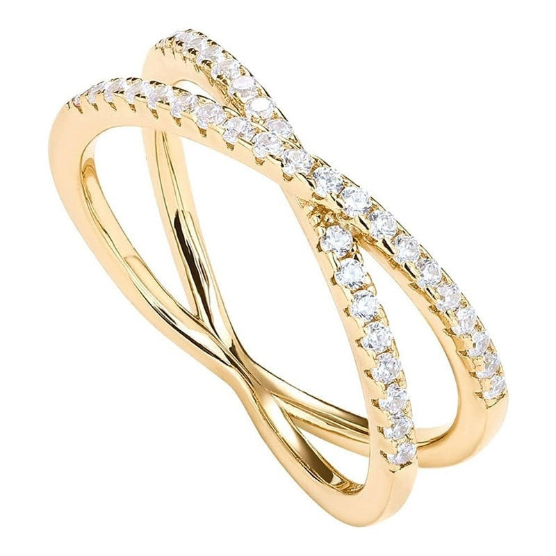 14K Gold Plated Women's X Ring Simulated Diamond CZ Criss Cross Ring