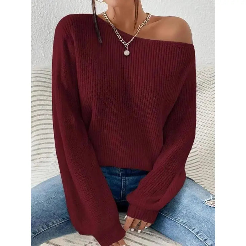 Women's Solid Drop Shoulder Asymmetrical Neckline Knit Top, Casual Long Sleeve Jumper for Fall & Winter, Women's Sweater for Daily Wear, Knitwear