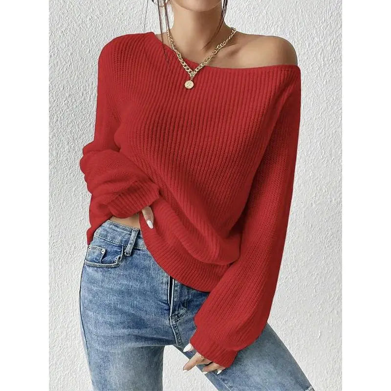 Women's Solid Drop Shoulder Asymmetrical Neckline Knit Top, Casual Long Sleeve Jumper for Fall & Winter, Women's Sweater for Daily Wear, Knitwear