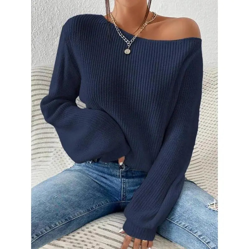 Women's Solid Drop Shoulder Asymmetrical Neckline Knit Top, Casual Long Sleeve Jumper for Fall & Winter, Women's Sweater for Daily Wear, Knitwear