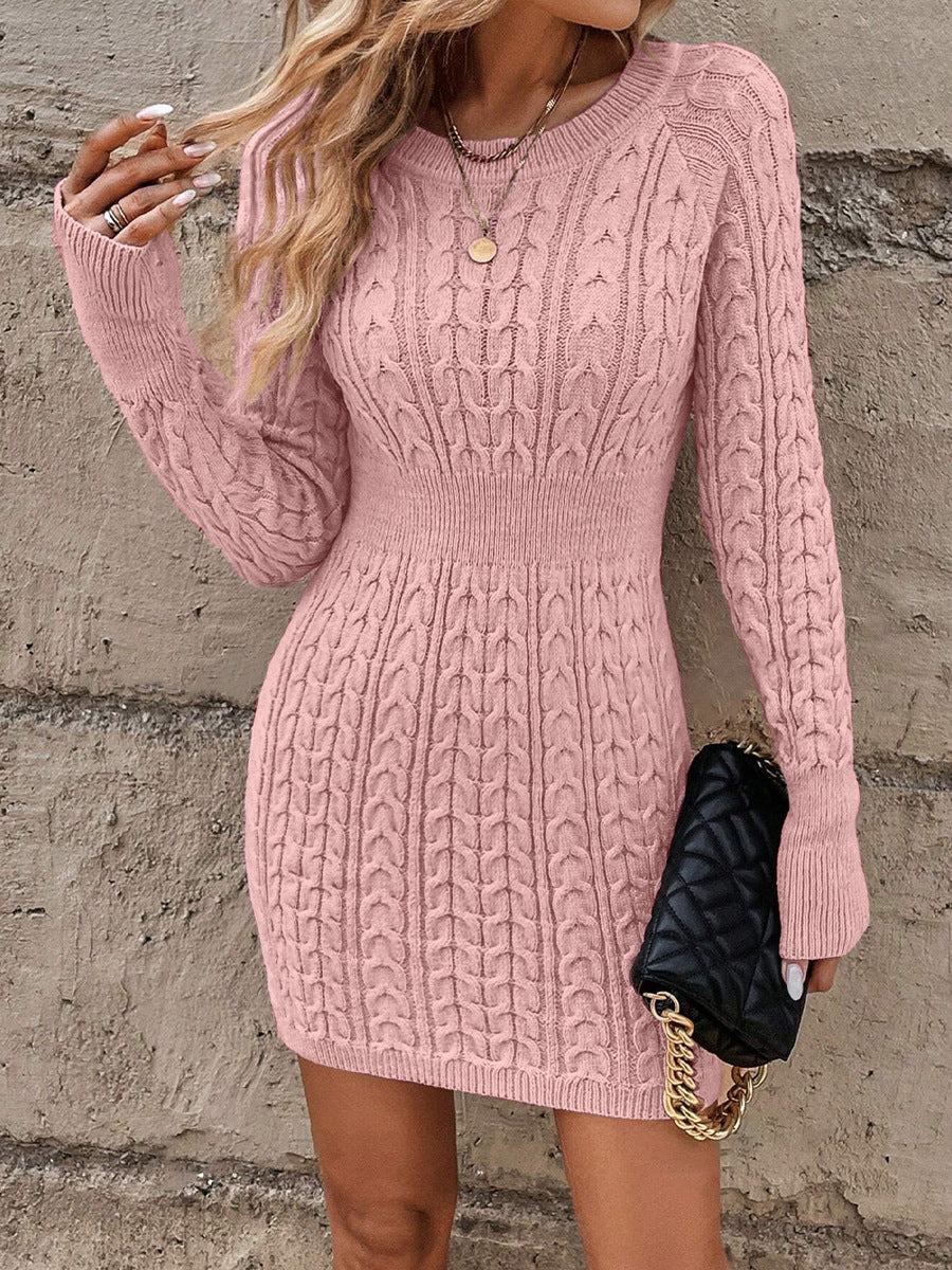 Women's Plain Round Neck Cable
Knit Bodycon Sweater Dress, Elegant Fashion Casual Comfy Classy Long Sleeve Jumper Dress for Daily Outdoor Wear, Women Knitwear for Fall & Winter